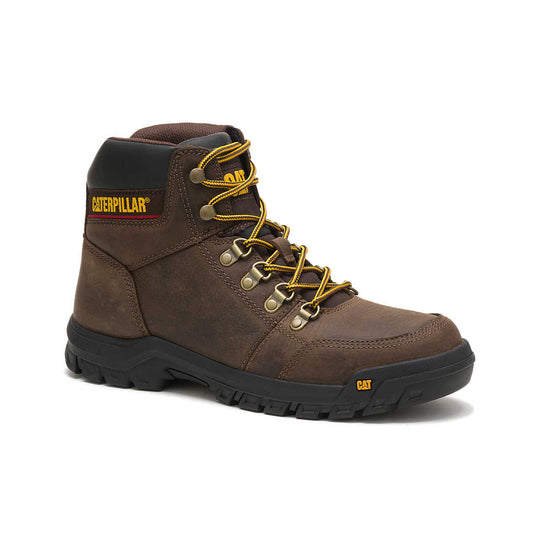 CAT Outline Work Boot angled side view in brown leather