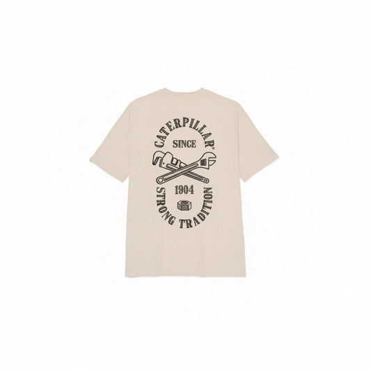 CAT Basic Graphic Tradition Peyote T-Shirt front view in light beige with graphic logo