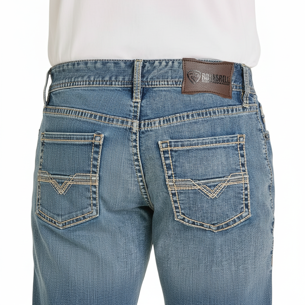 Rock & Roll Denim Relaxed Fit Classic Stitch Stackable Bootcut Jeans back pocket detail
