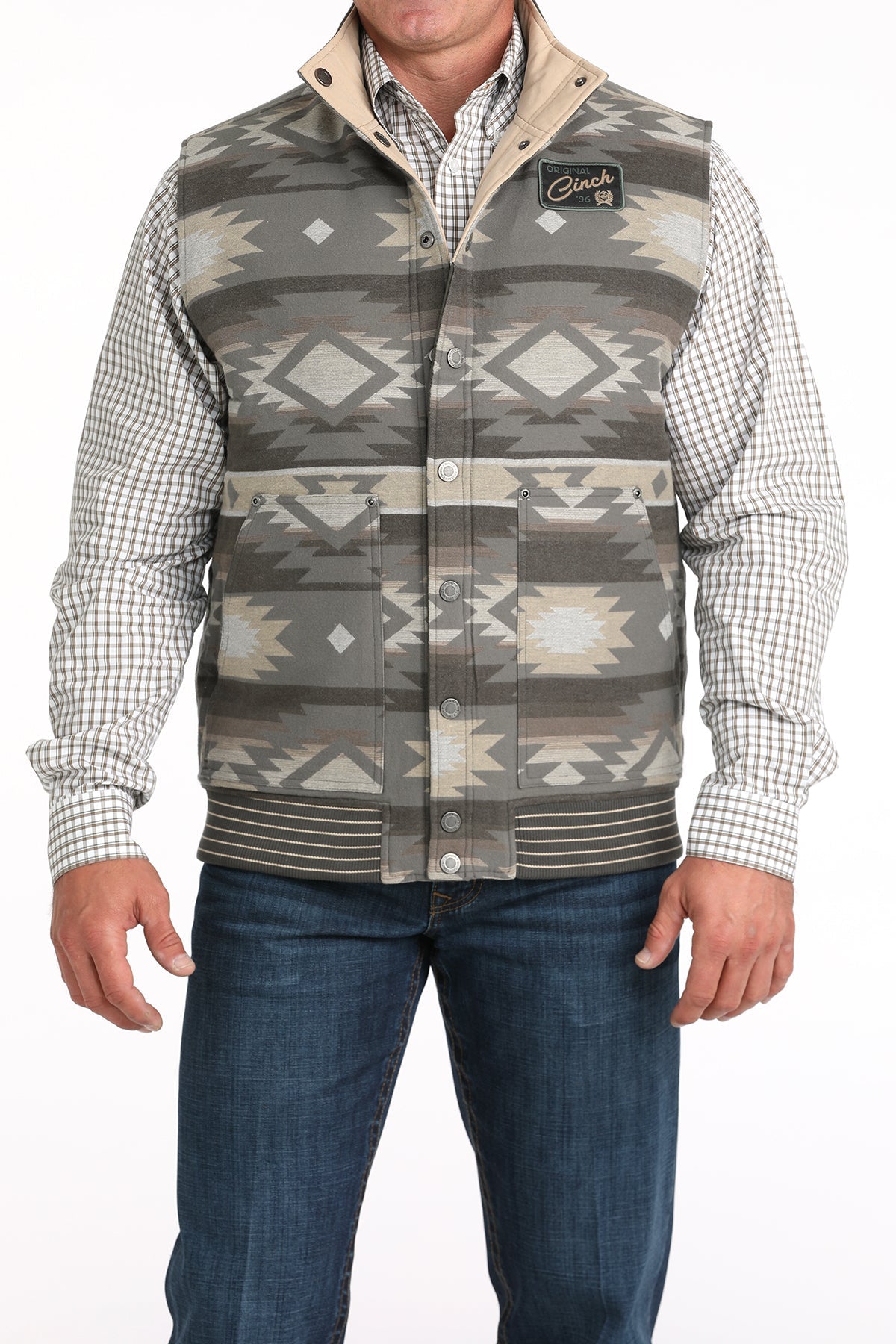 Front view of patterned reversible side of Cinch vest