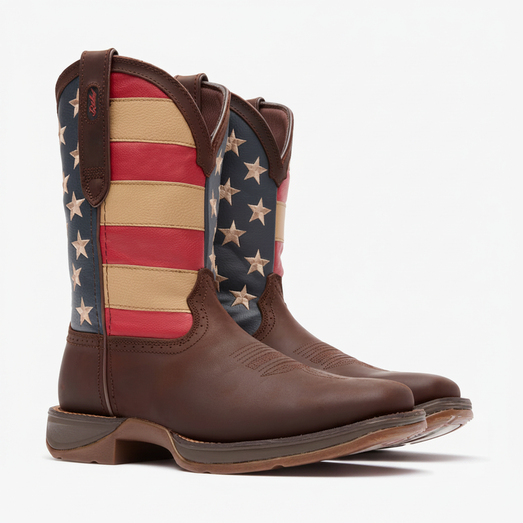 Pair of Durango Rebel Patriotic Pull-On Western Flag Boot angled side view in brown and red white blue shaft
