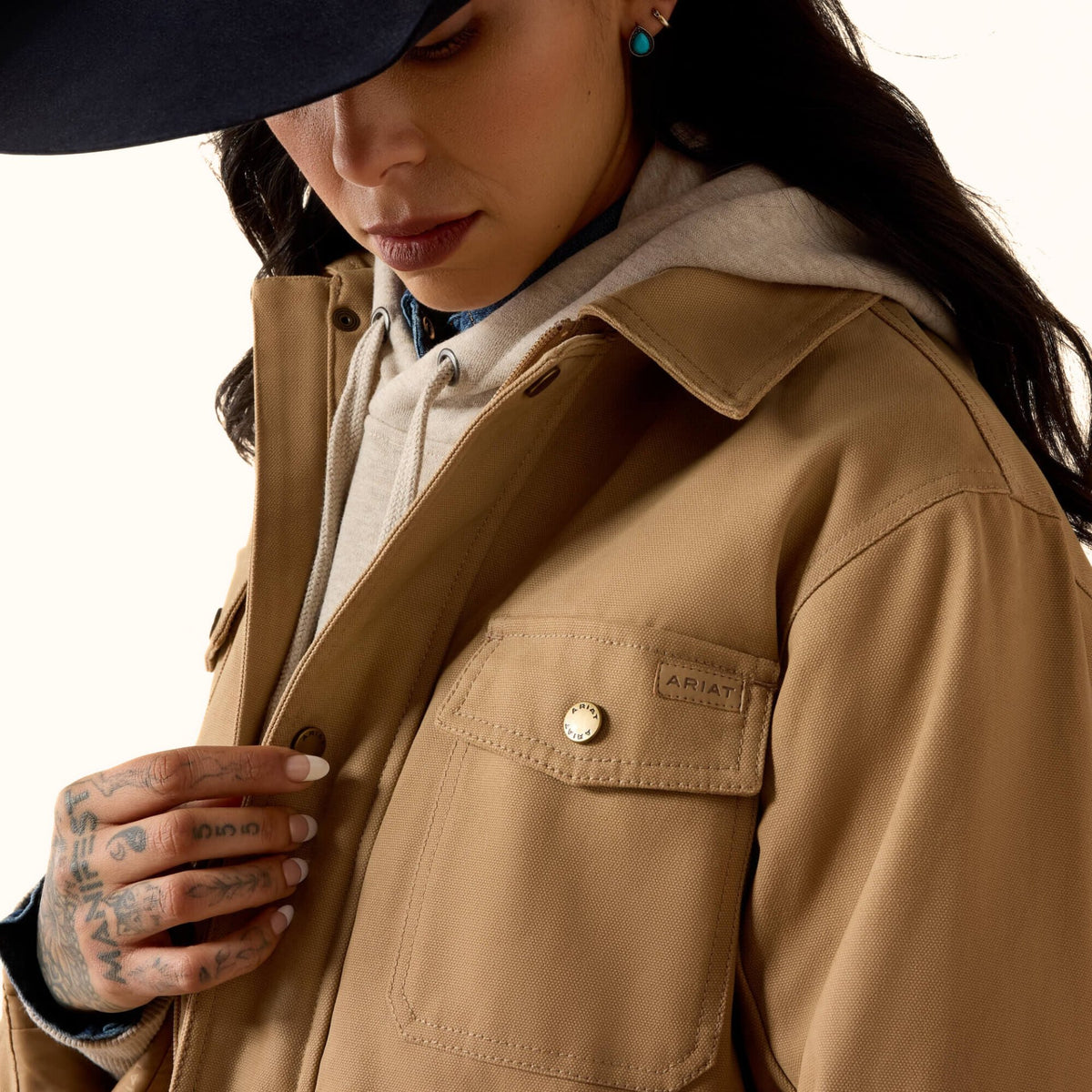 Ariat Western Canvas Chore Jacket in tan front close-up view