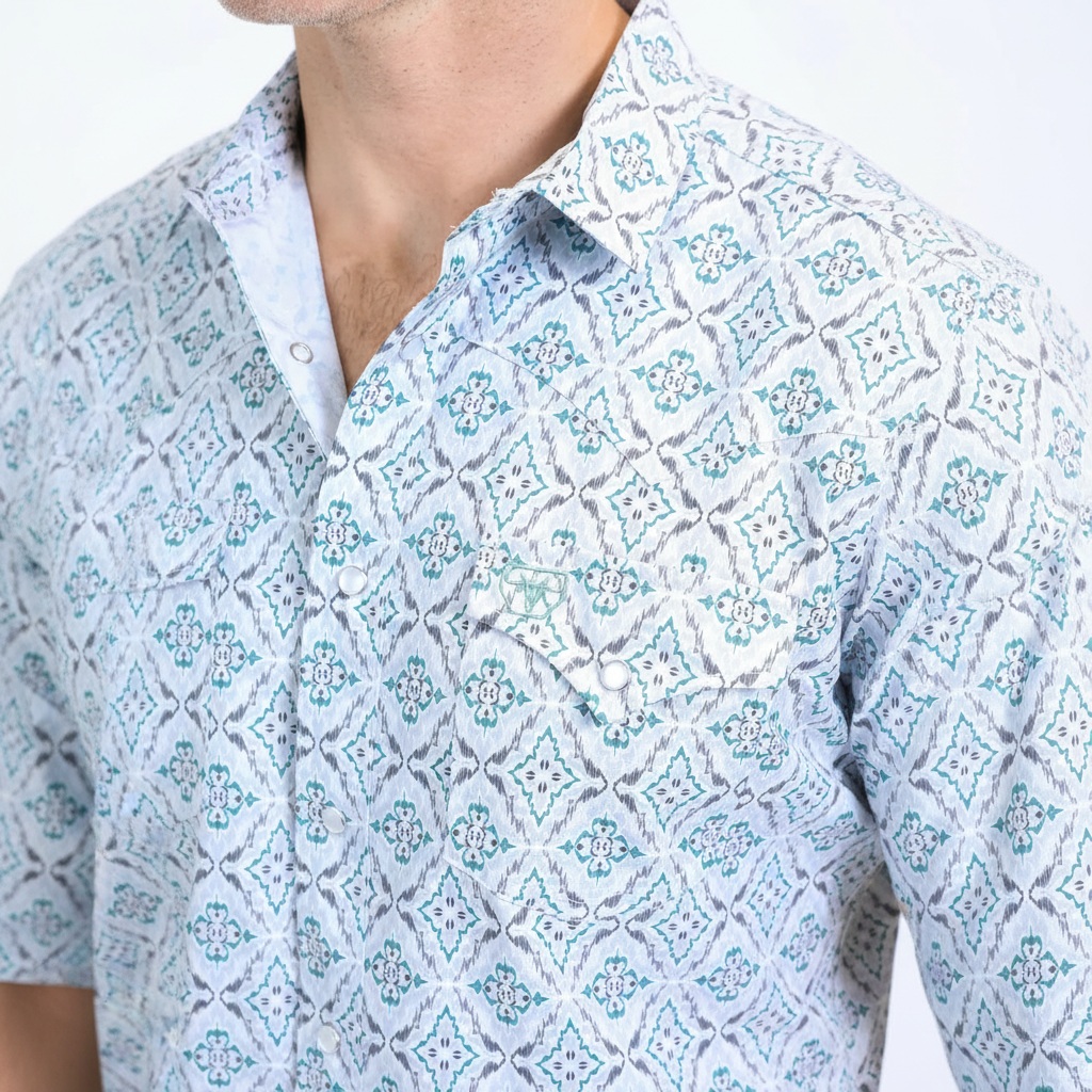 Close-up view of Platini Men’s Performance Western Short Sleeve Aztec Print Shirt collar and print pattern