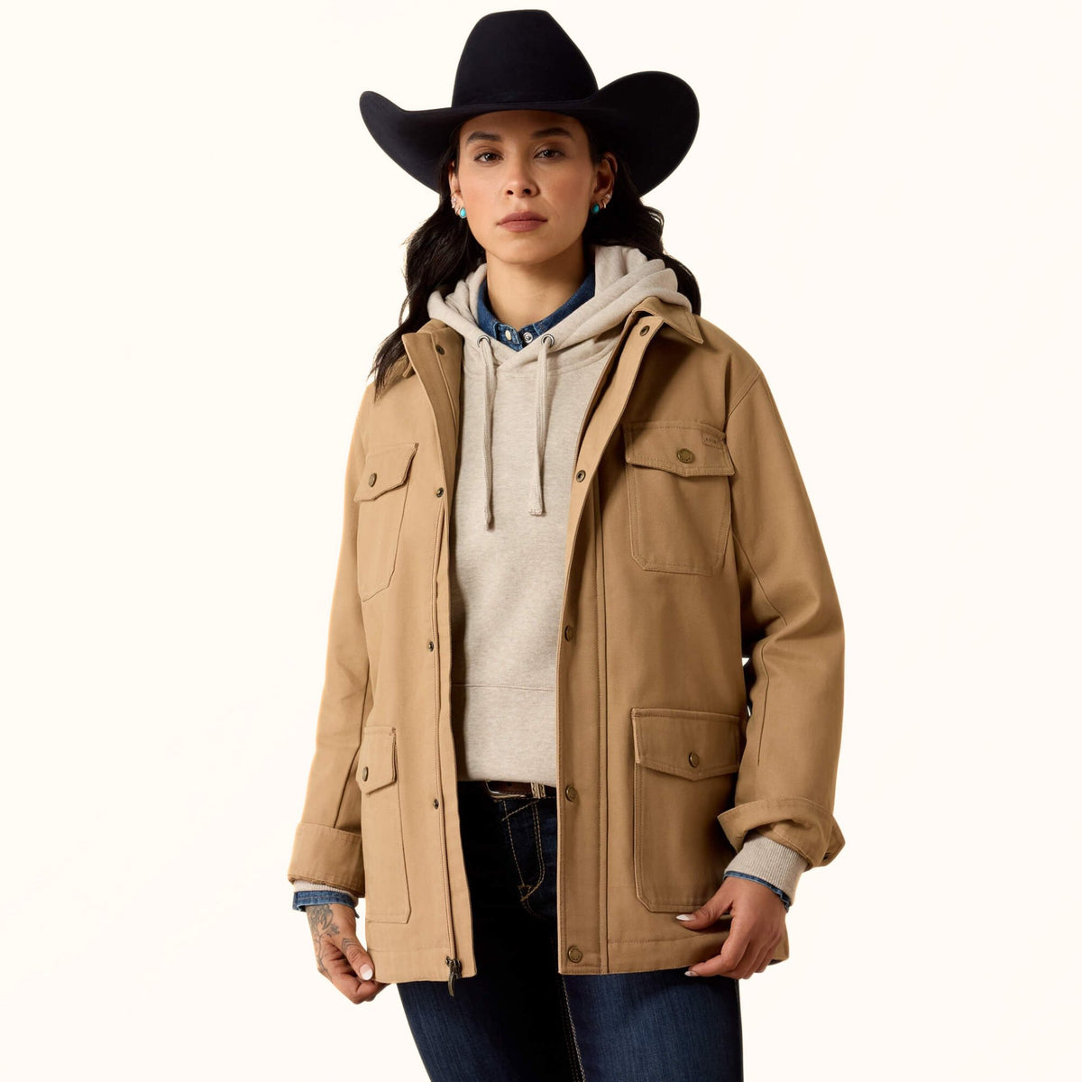 Ariat Western Canvas Chore Jacket in tan front view