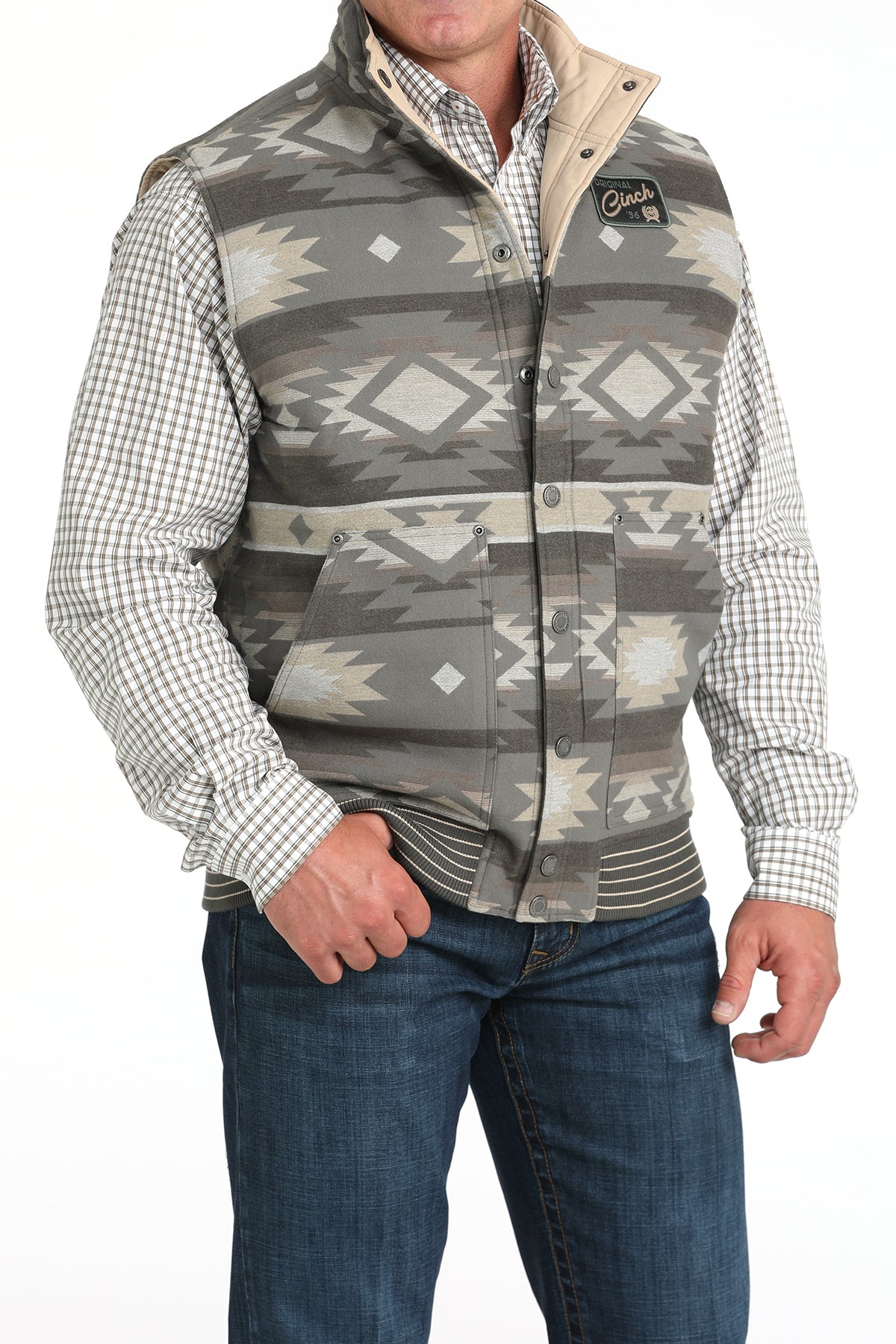 Front angle view of patterned reversible side of Cinch vest