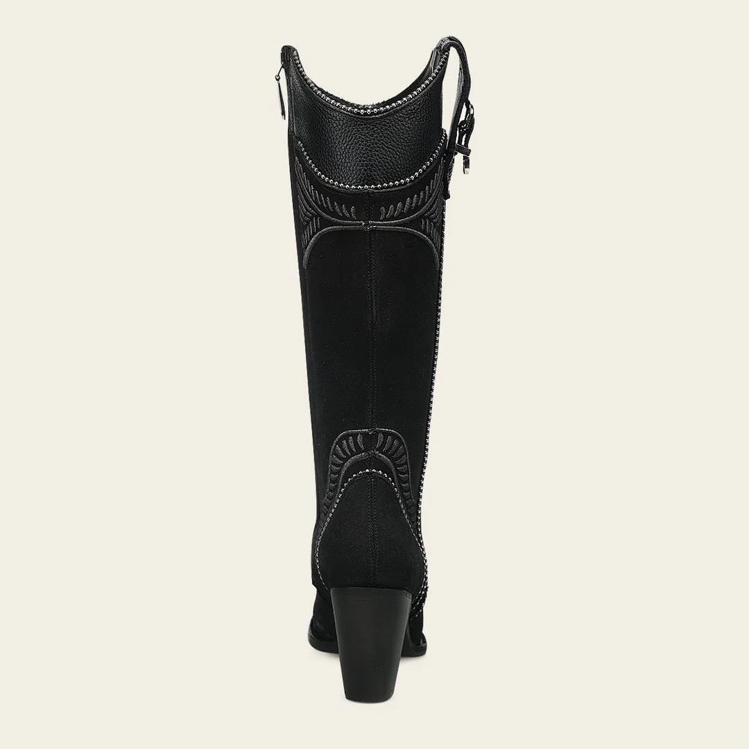 Back view of Cuadra Black Embroider Zipper Round Toe Boot with tall shaft detail