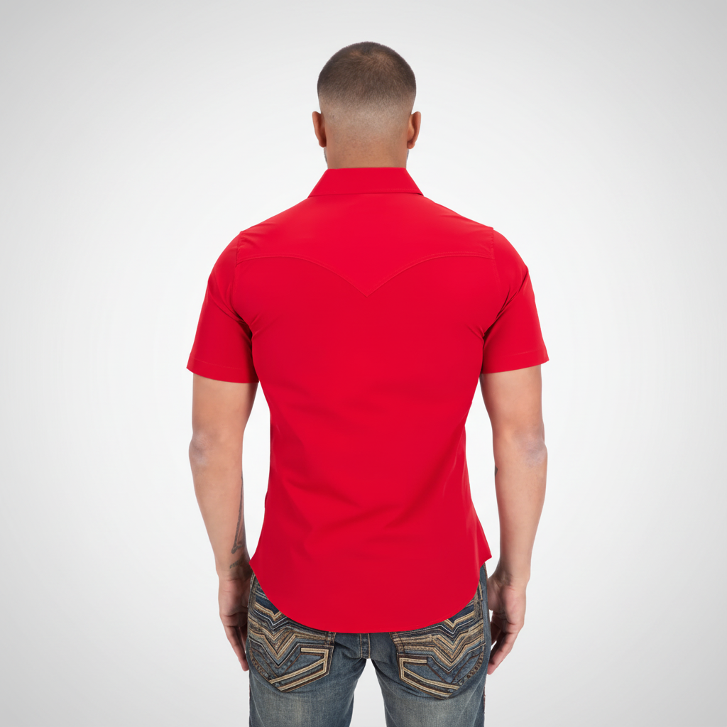 Platini Men’s Performance Western Short Sleeve Red Shirt back view on model