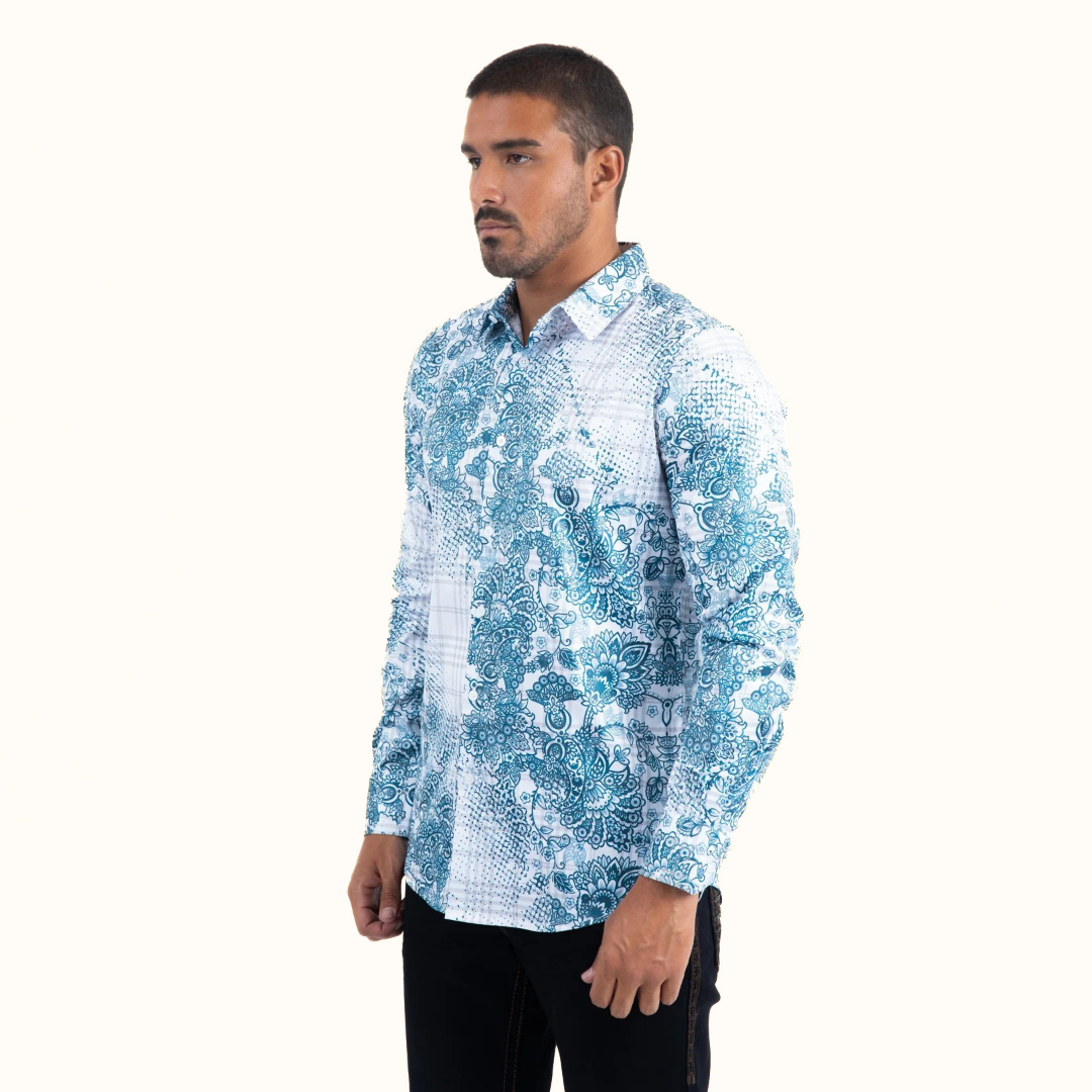 Platini Depth Geometric Foil Shirt in white and blue front angle view