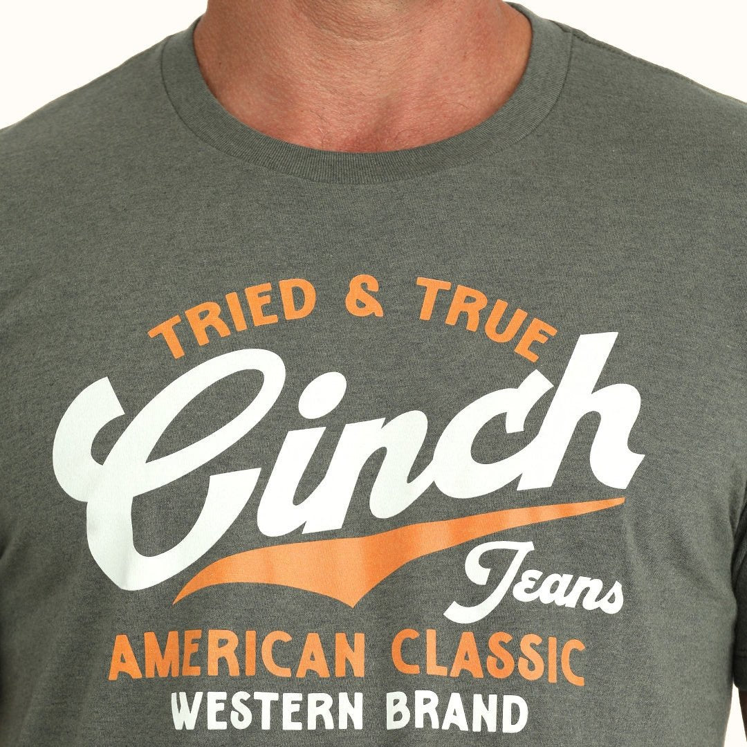 Cinch Men’s Western Logo Graphic T-Shirt in olive front logo view