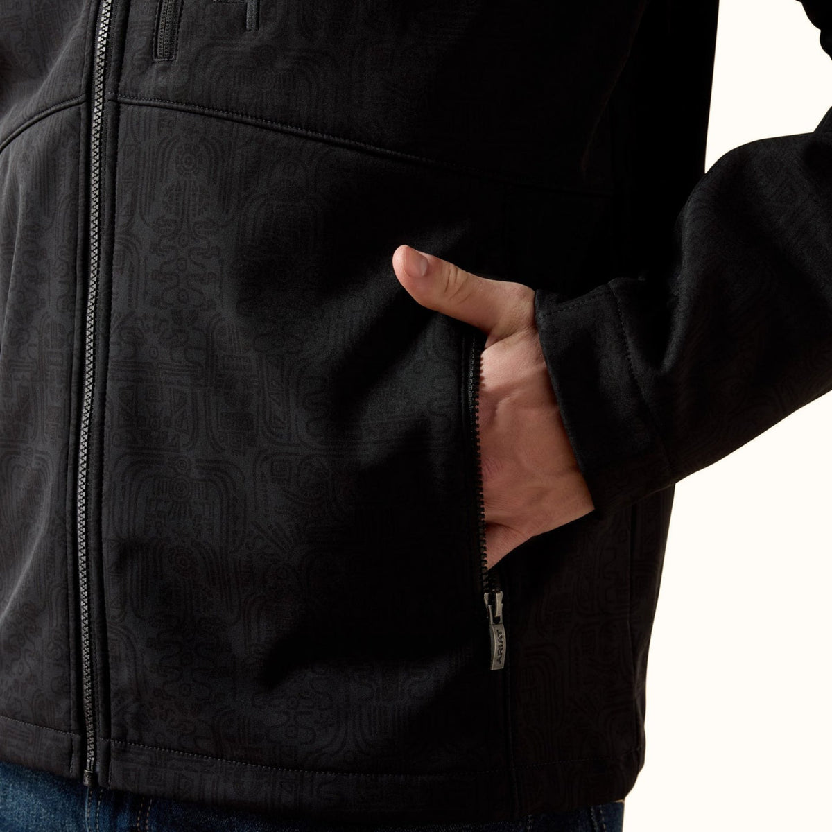 Ariat Chest Logo Softshell Jacket in black front pocket view
