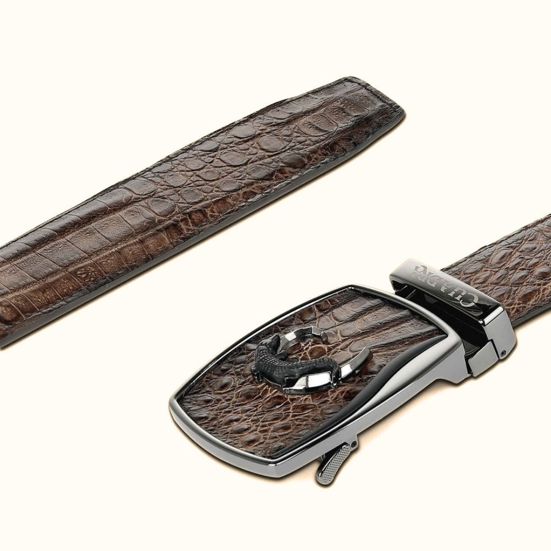 Cuadra men’s brown genuine fuscus crocodile leather Western belt buckle view
