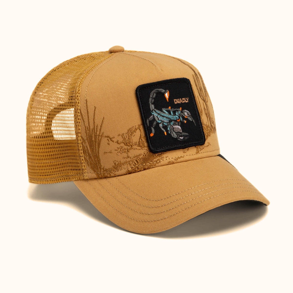 Goorin Bros. Badlands Scorpion amber trucker hat angle view