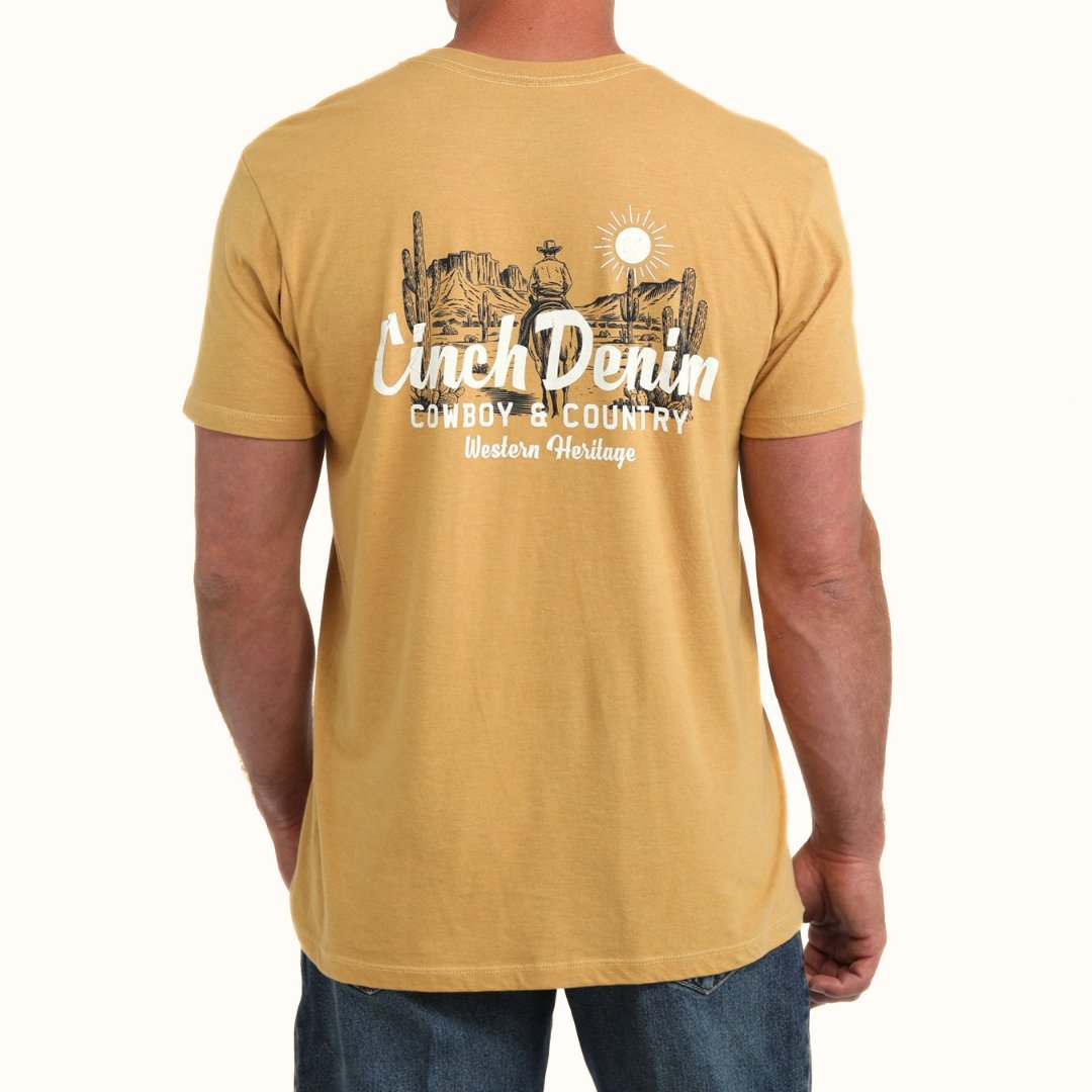 Cinch Men’s Denim Graphic T-Shirt in gold back view