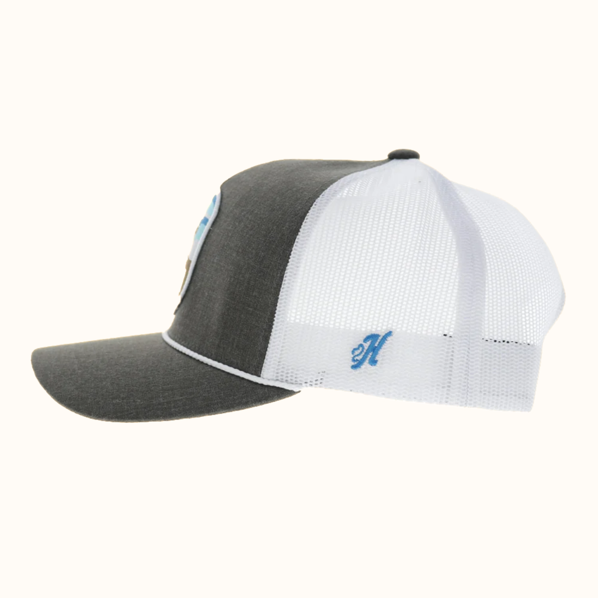 Hooey Cheyenne 5-Panel Trucker Hat in brown and white side view