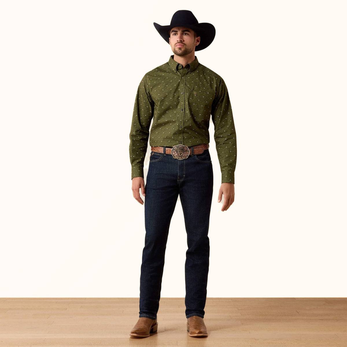 Ariat Chad Classic Fit Shirt green Western print front full view