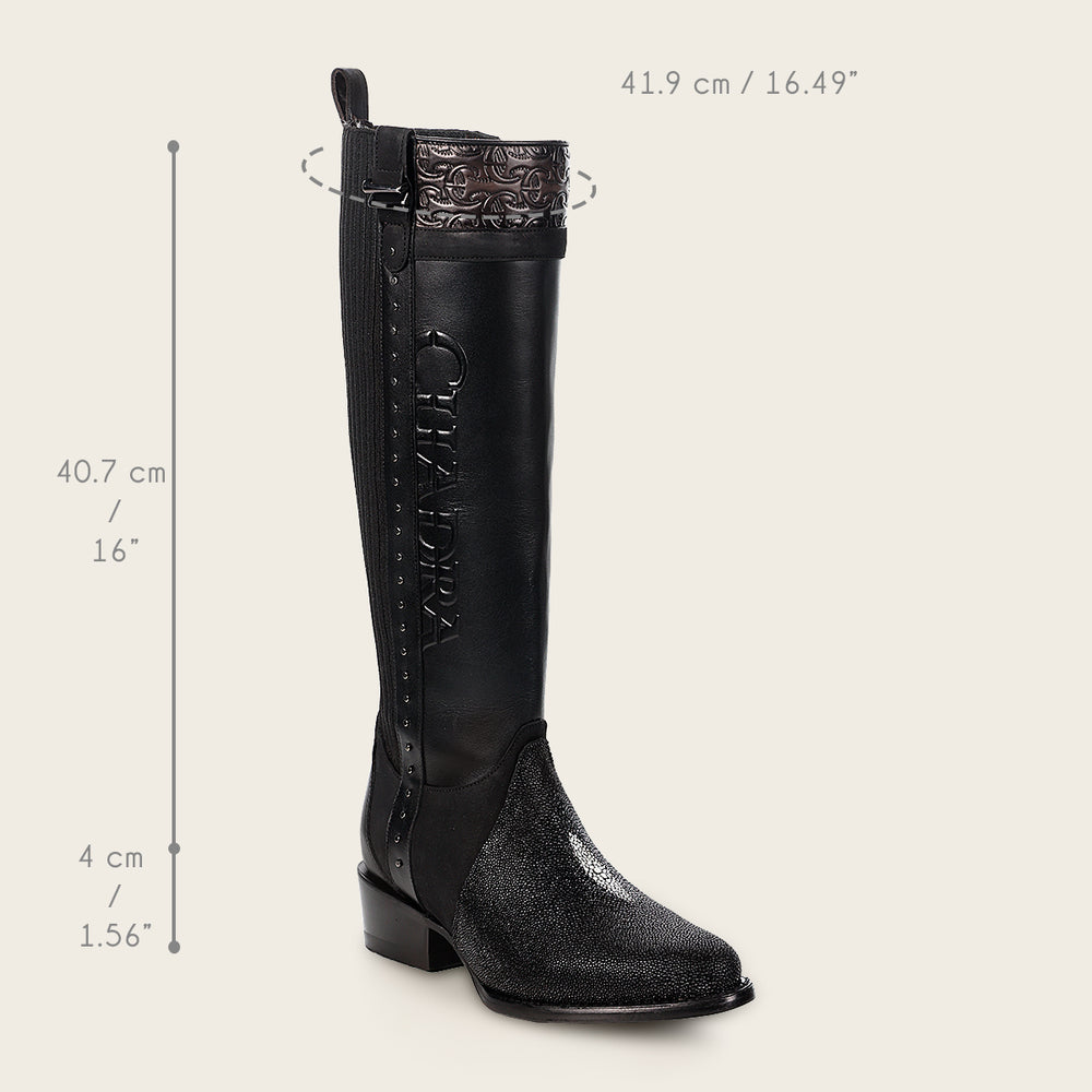 Cuadra Black Stingray Knee High Boots front angle with dimensions