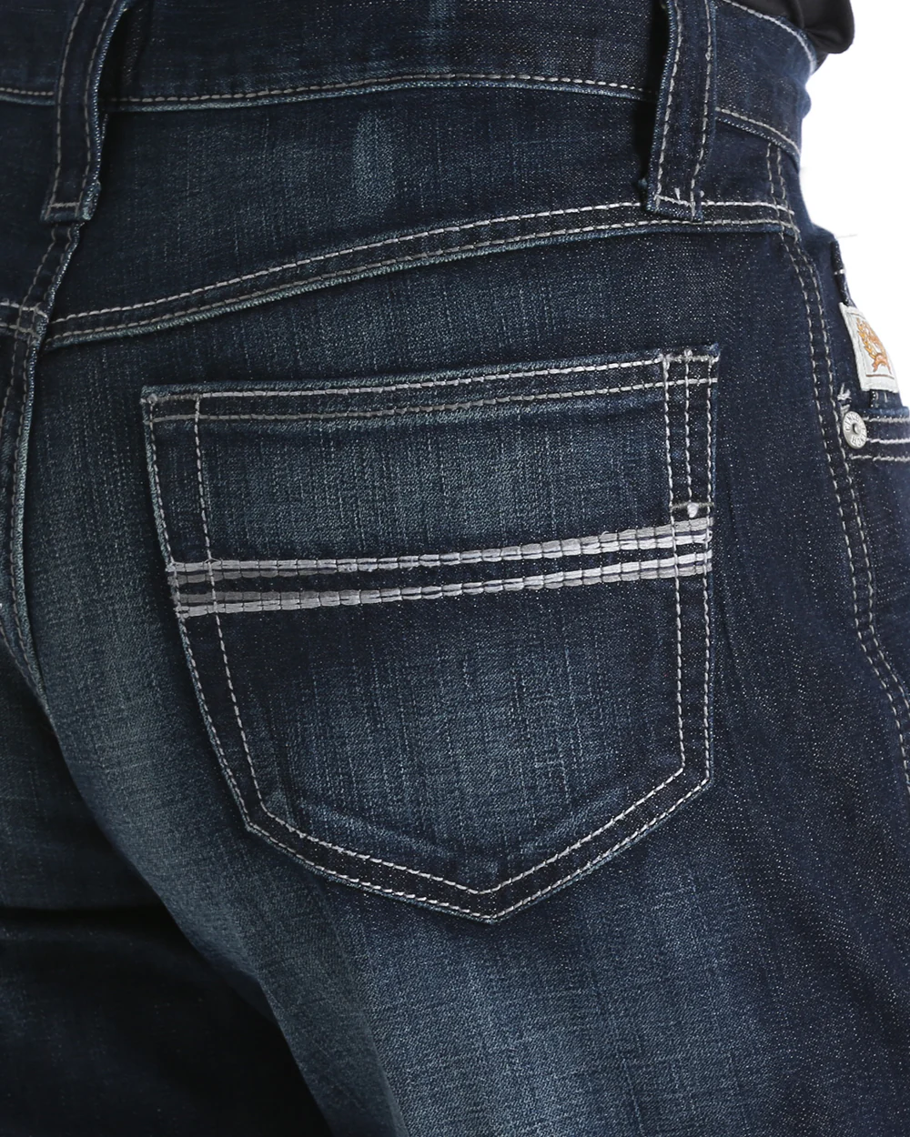 Close-up view of Cinch Men’s Carter 2.4 Performance Jeans back pocket stitching