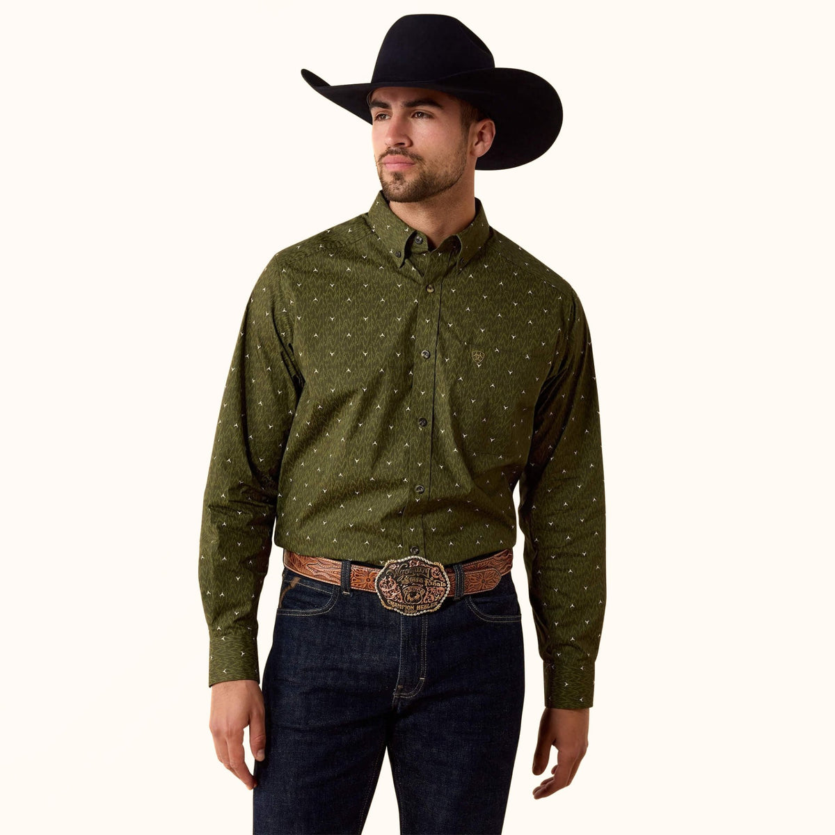 Ariat Chad Classic Fit Shirt green Western print front view