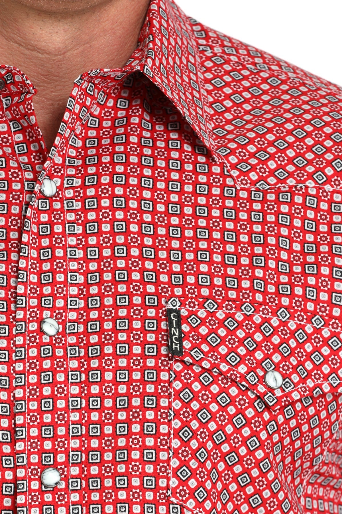 Close-up view of Cinch Long Sleeve Print Modern Shirt print pattern and chest pocket