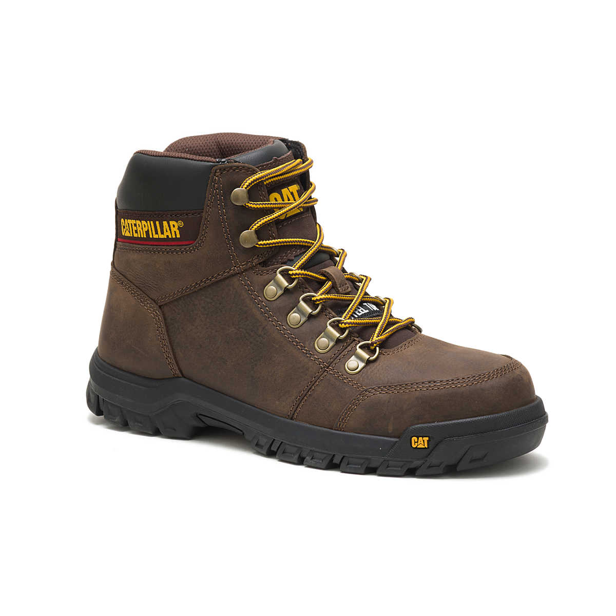 Front angled view of CAT Outline Steel Toe Work Boot in brown