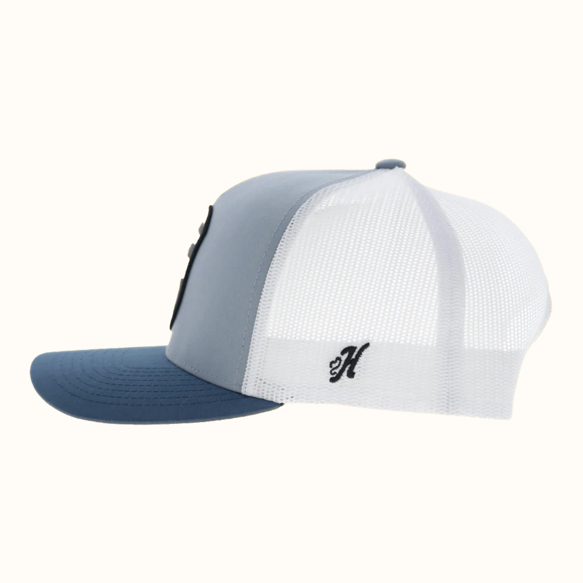 Hooey Cheyenne 5-Panel Trucker Hat in blue and white side view
