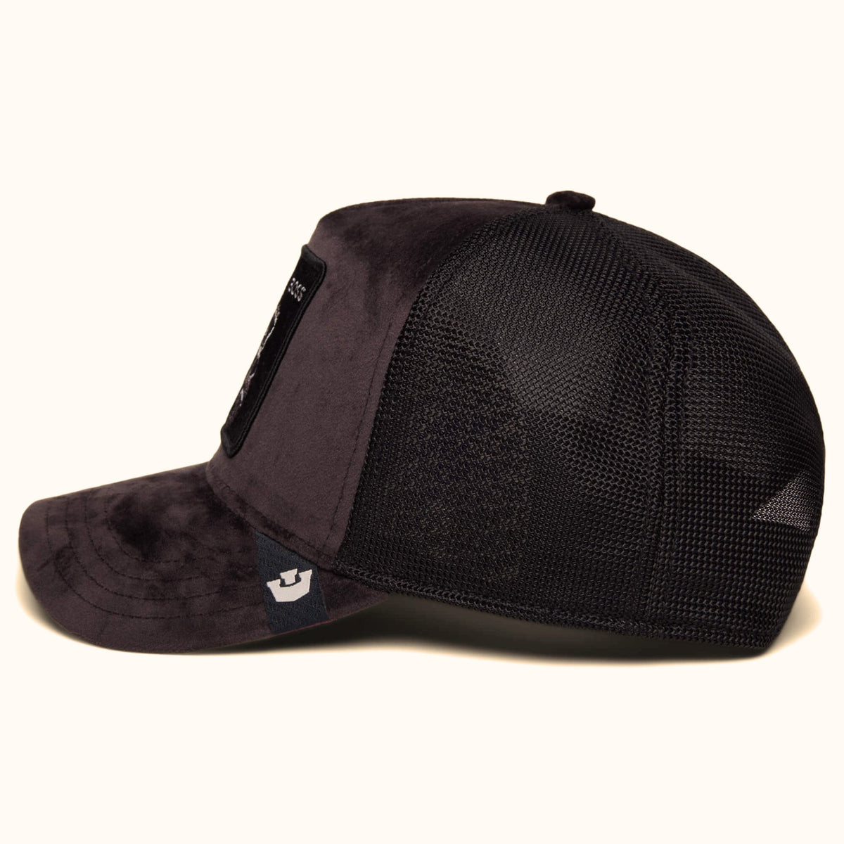 Goorin Bros. Velour Boss black trucker hat side view