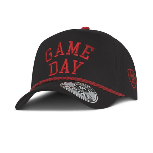 Front view of Ariat Women’s Game Day Black Snapback Cap with red GAME DAY embroidery