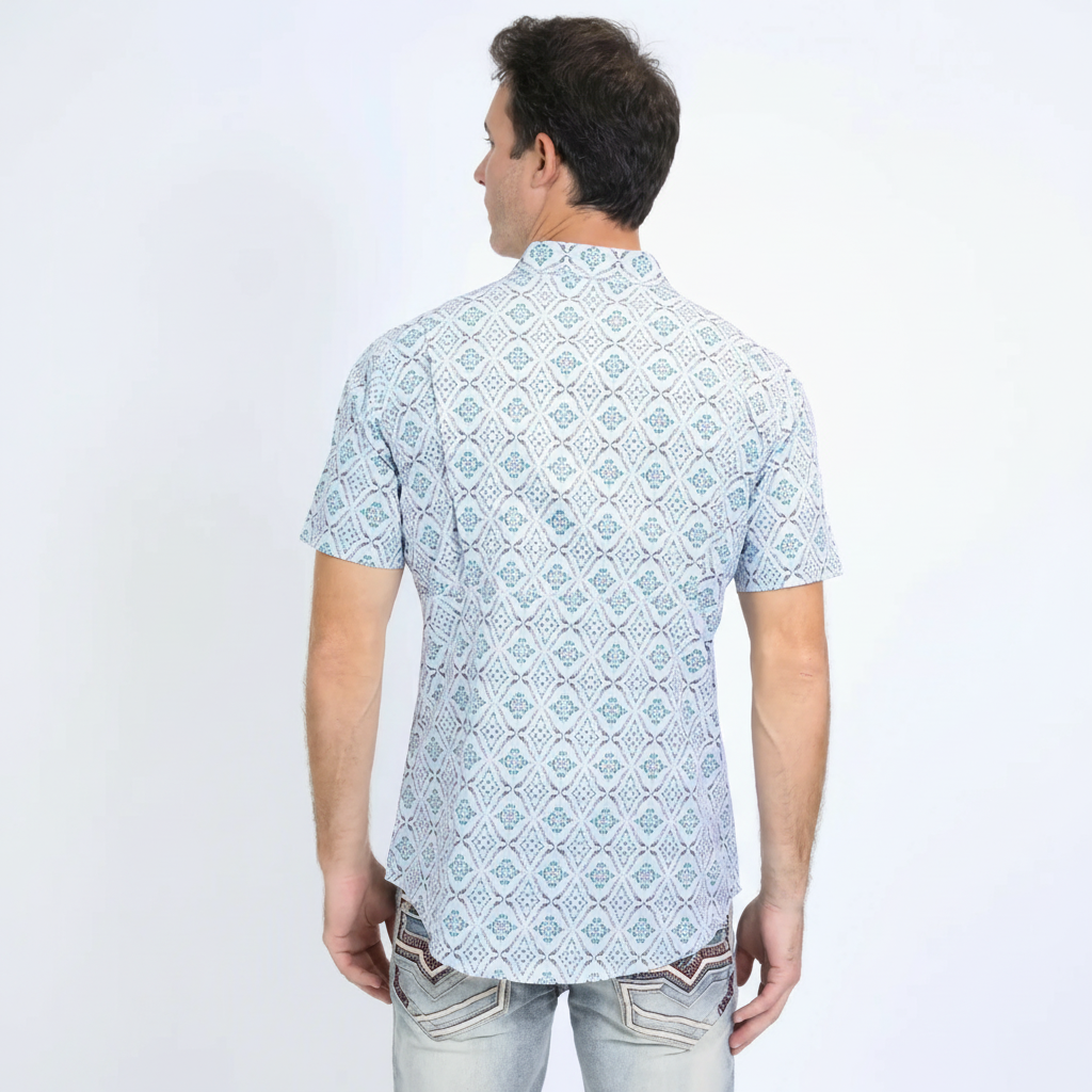 Rear view of Platini Men’s Performance Western Short Sleeve Aztec Print Shirt