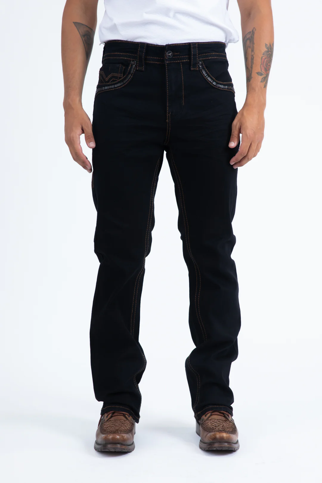Platini Holt Men’s Black Slim Boot Cut Jeans front view on model