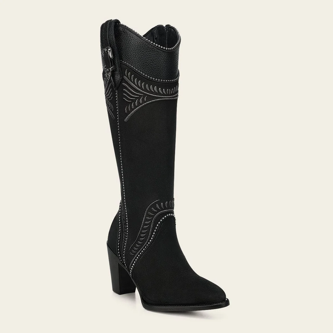 Cuadra Black Embroider Zipper Round Toe Boot for women in black leather with side zipper