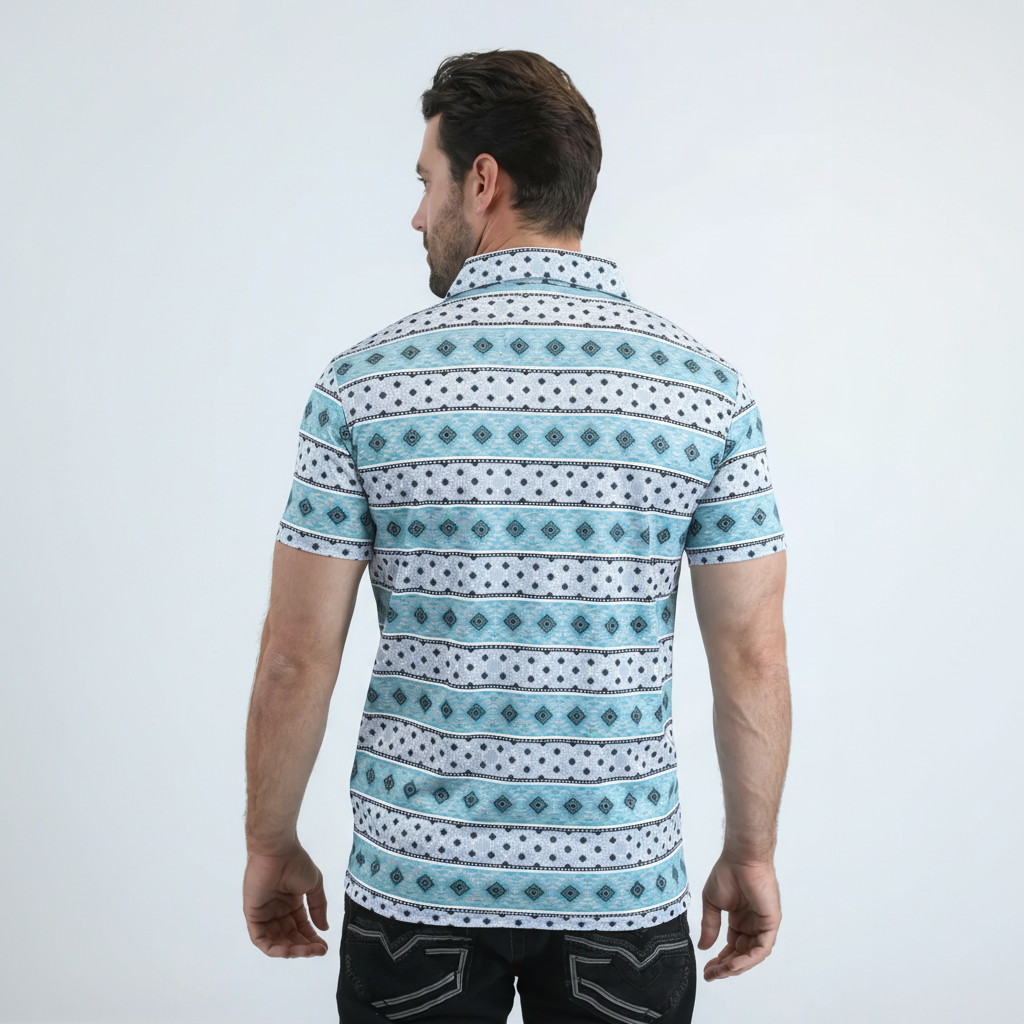 Polo de hombre elástico con estampado azteca azul de tela de alto rendimiento de corte moderno