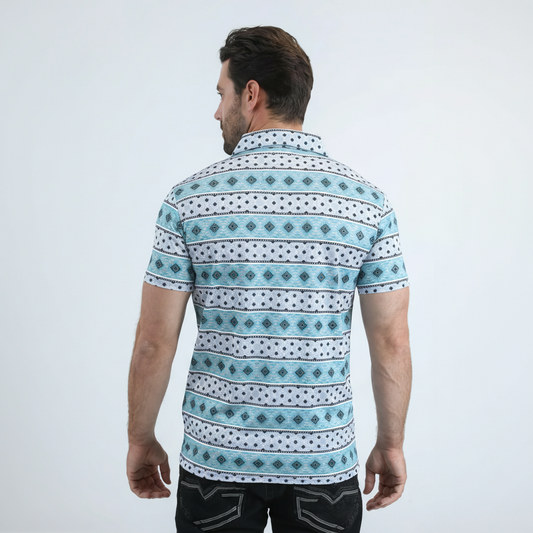 Mens Performance Fabric Modern Fit Stretch Aztec Print Blue Polo