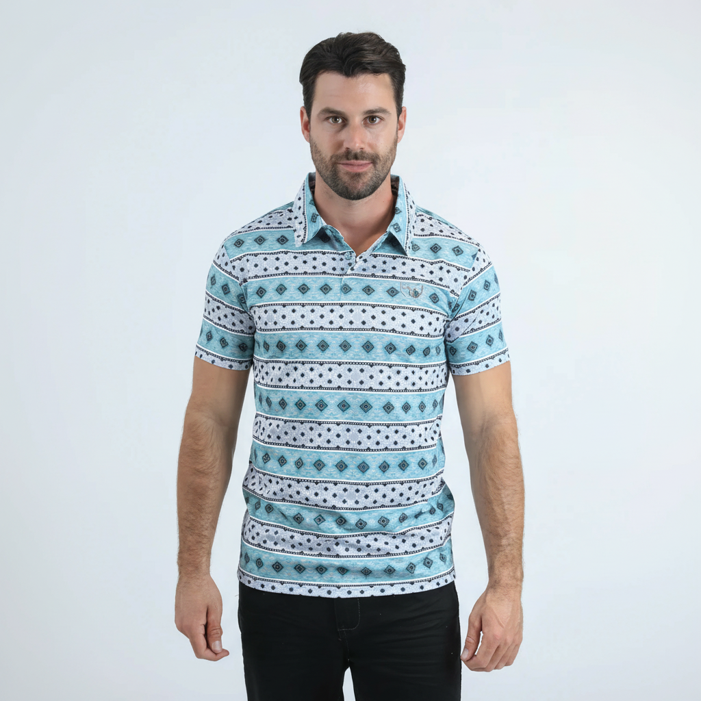 Polo de hombre elástico con estampado azteca azul de tela de alto rendimiento de corte moderno