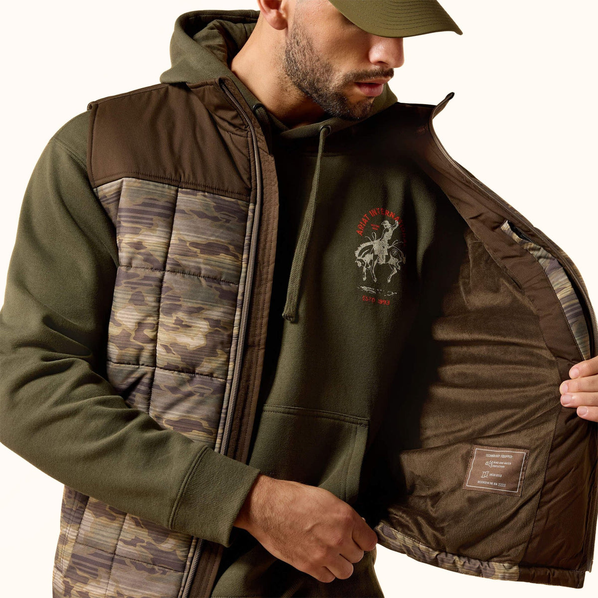 Ariat Crius Insulated Vest in camouflage front open view