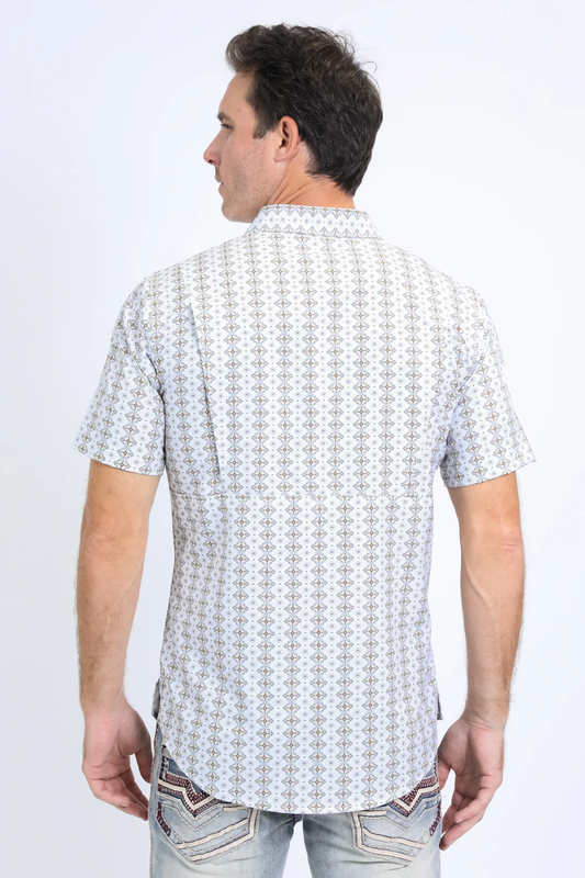 Camisa Blanca de Manga Corta con Estampado Azteca Performance Western