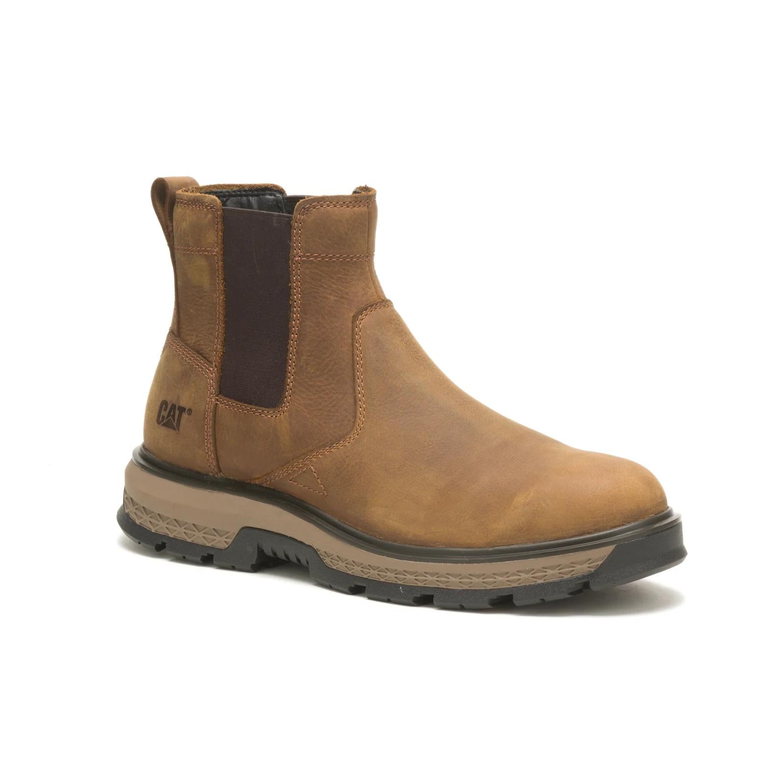 CAT Exposition Chelsea Work Boot angled side view in beige leather