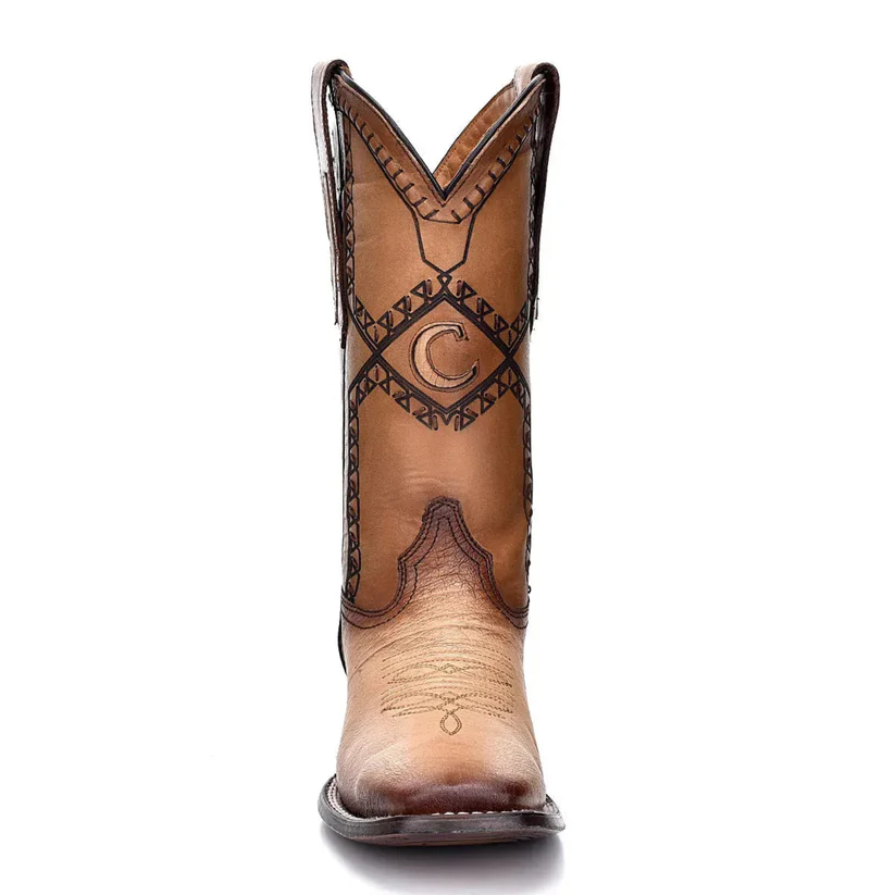 Cuadra Flame Oryx Ostrich Laser & Woven Square Toe Boot front shaft detail
