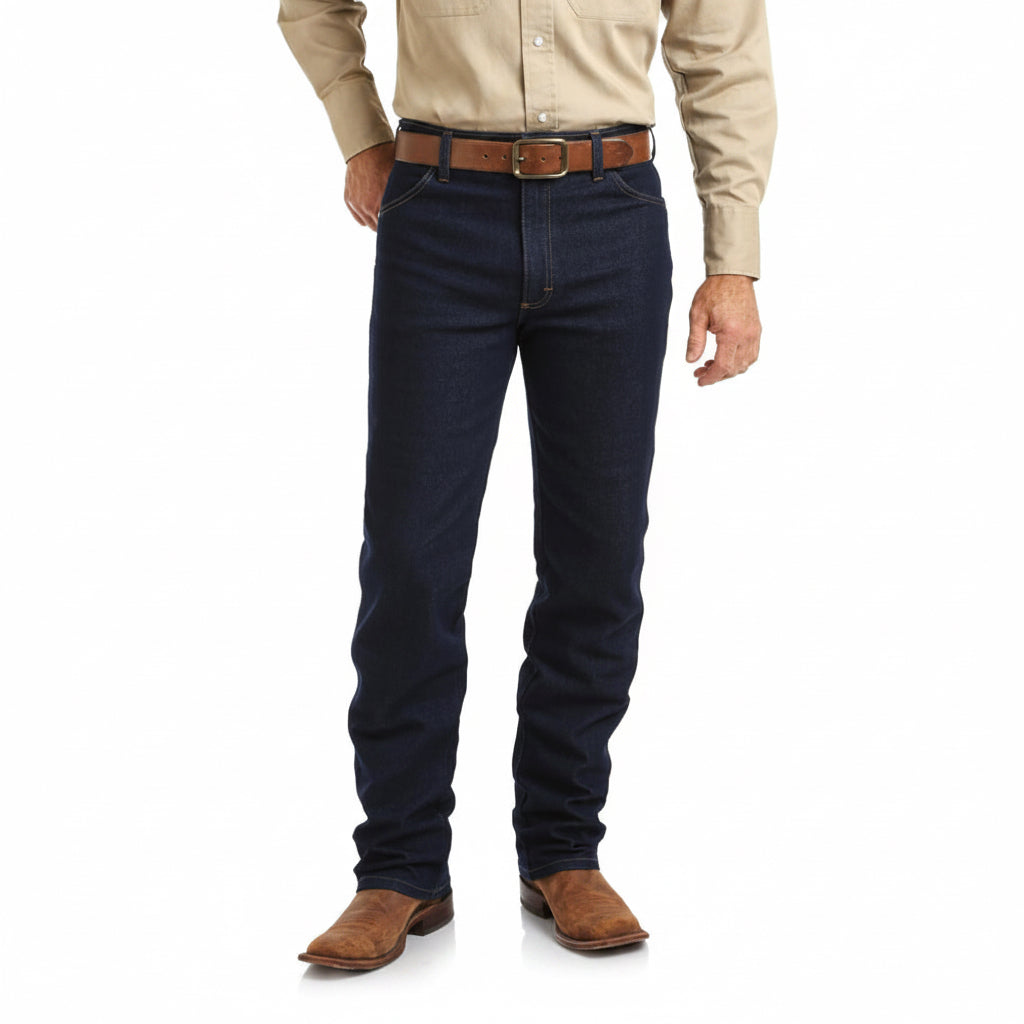 Wrangler Cowboy Cut Original Fit Active Flex Jeans front view on model in blue denim