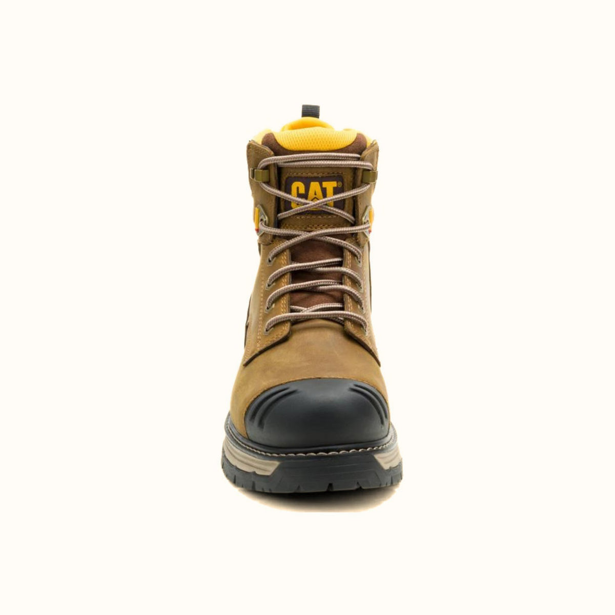 CAT Excavator PowerSpring 6-inch brown waterproof composite toe work boot front view