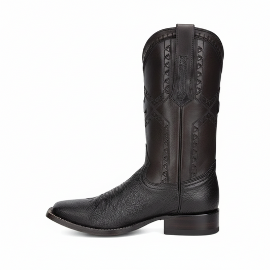 Cuadra Black Ostrich Laser & Woven Square Toe Boot side profile