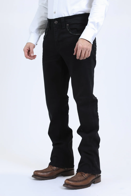 Platini Holt Men’s Black Slim Boot Cut Jeans front side view on model