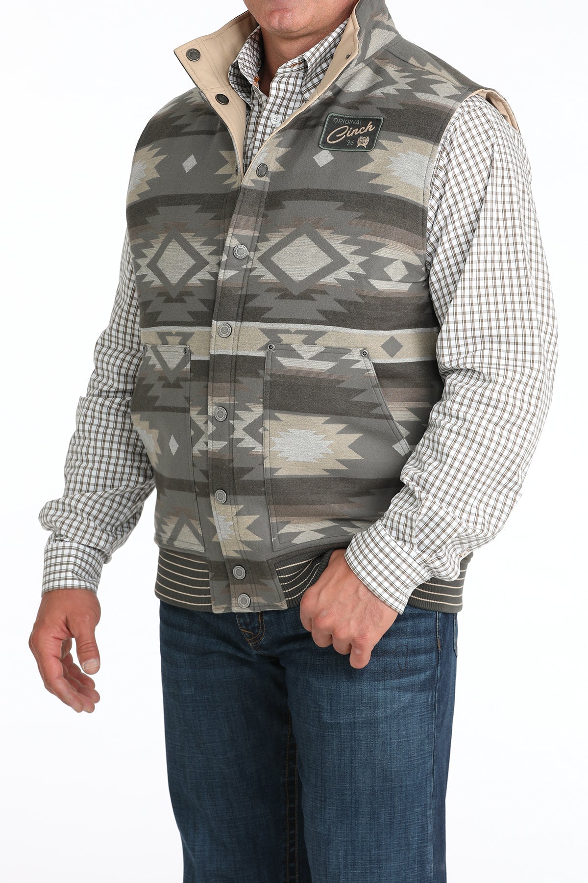 Front angle view of patterned reversible side of Cinch vest