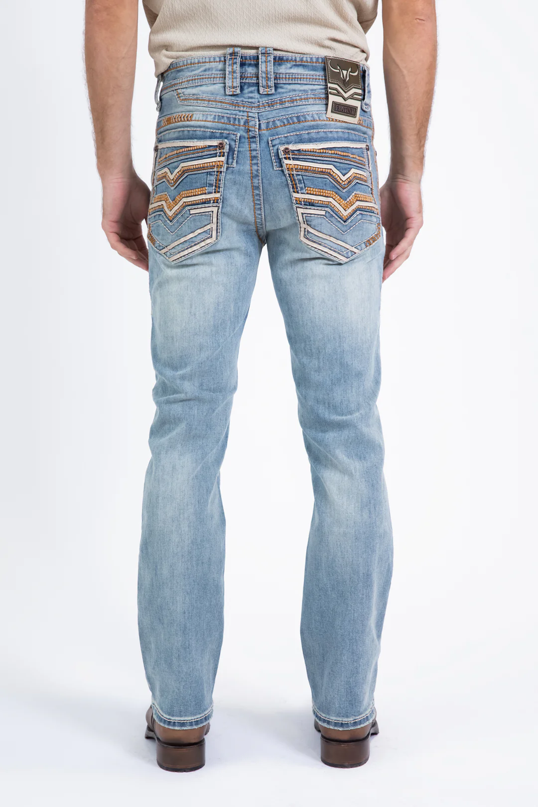 Platini Holt men’s light blue slim boot cut jeans rear view