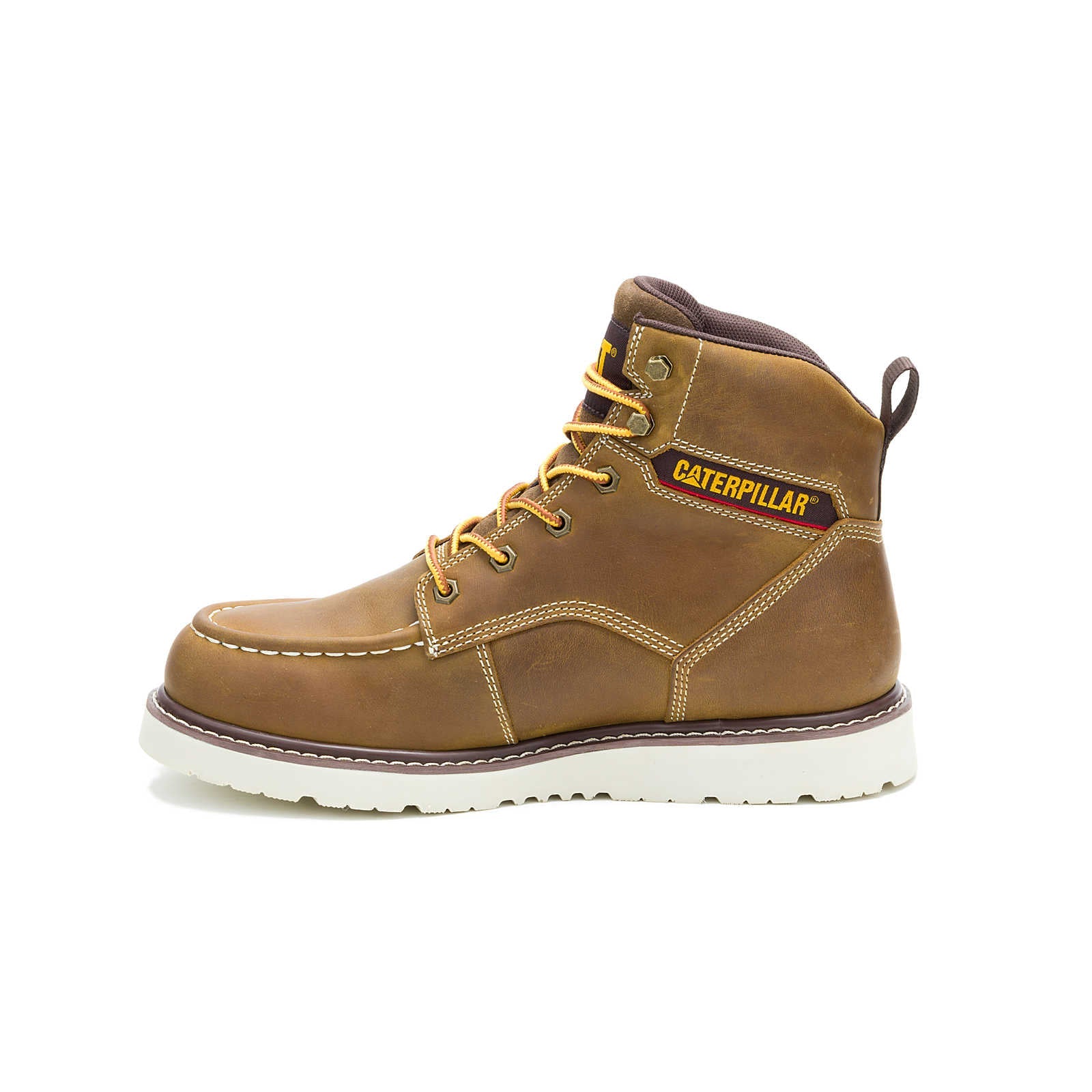 CAT Reclaimer waterproof wedge work boot brown leather side view