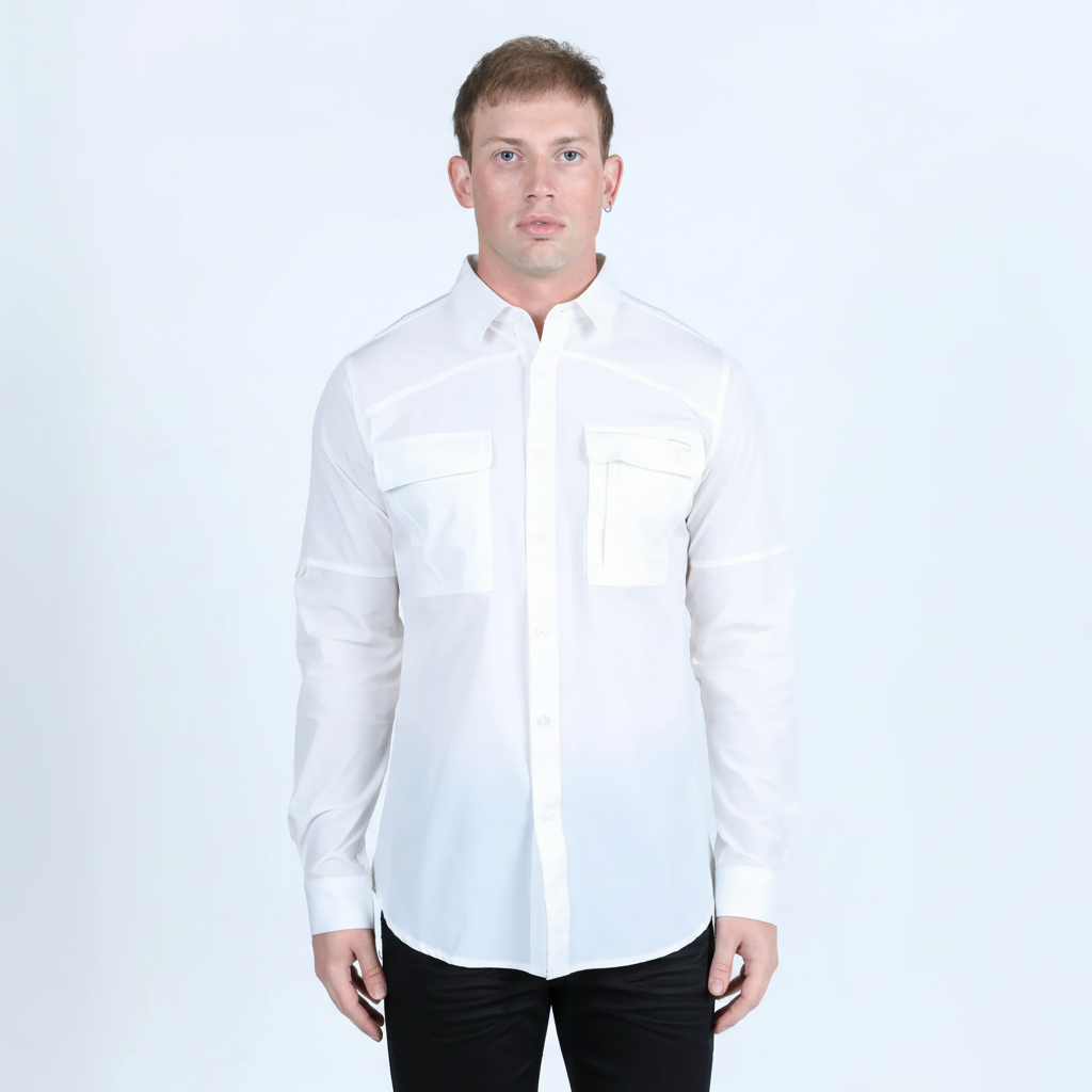 Platini Men’s Fishing White Long Sleeve Shirt front view