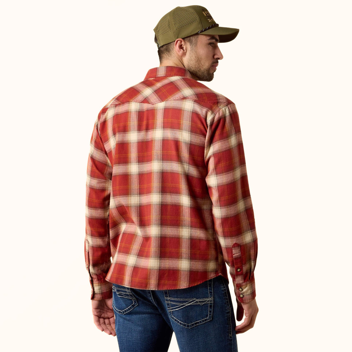 Ariat Retro Hatford Fitted Snap Shirt in red plaid back view