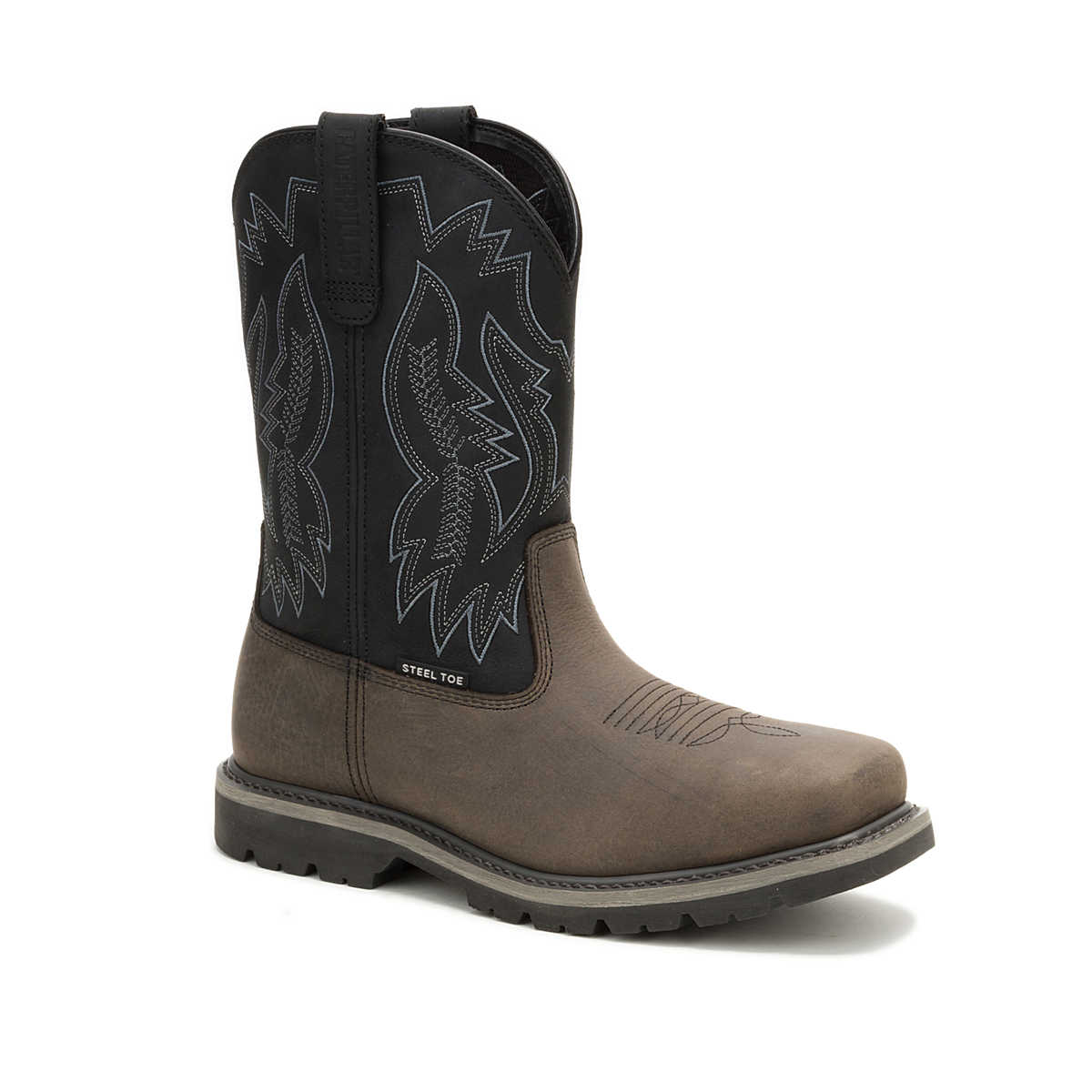 CAT Colorado Frontier Steel Toe Boot gray and black Western work boot front angle view
