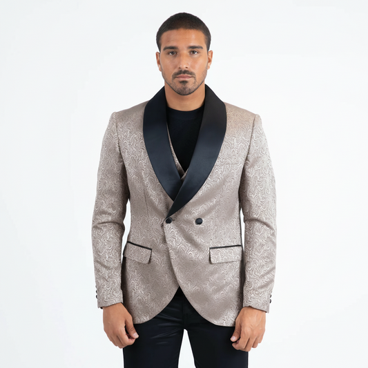 Men Patterned Khaki Double-Breasted Blazer & Vest Set