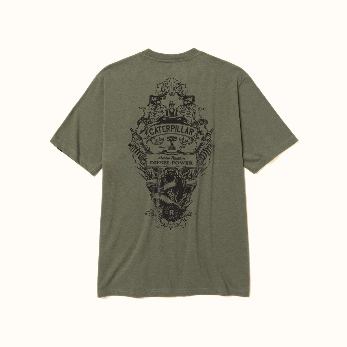CAT Diesel Tradition men’s olive green T-shirt back view