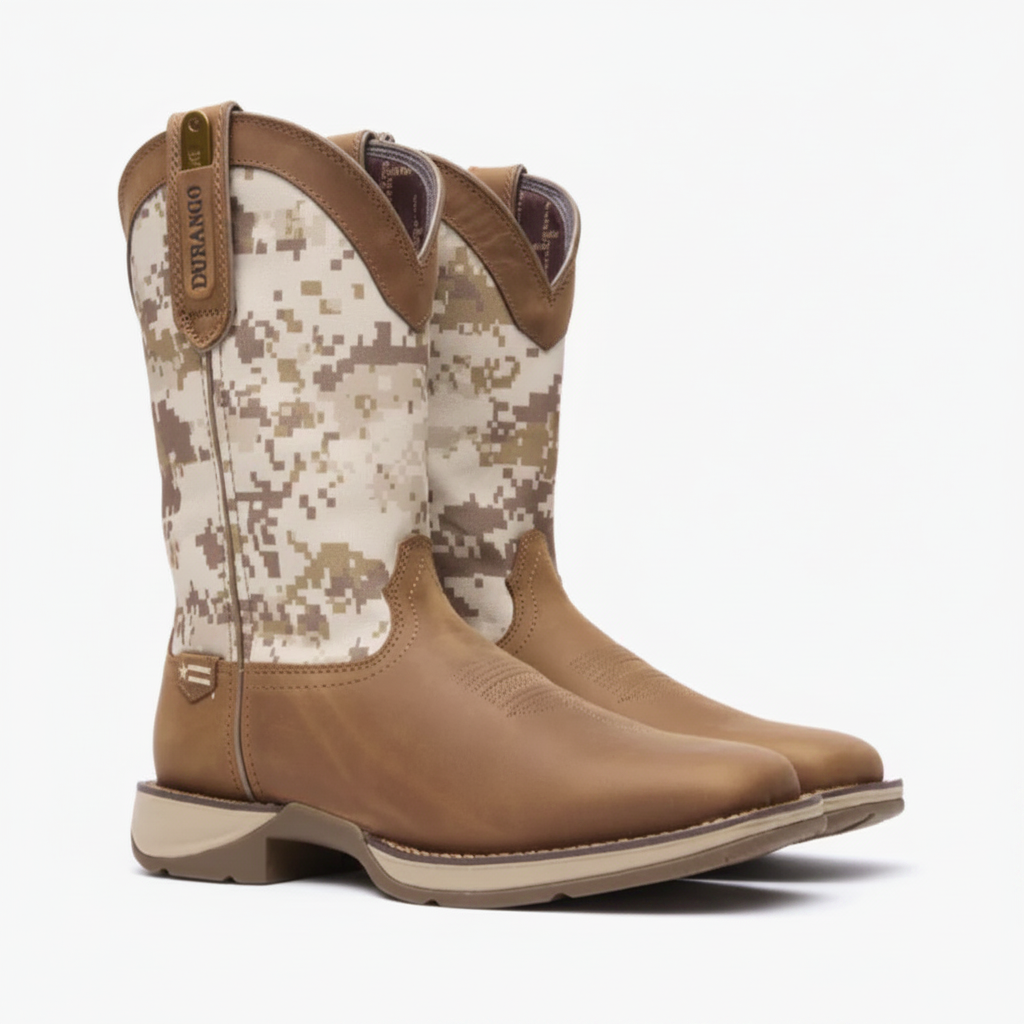 Pair of Durango Rebel Desert Camo Pull-On Western Boot angled profile in tan leather